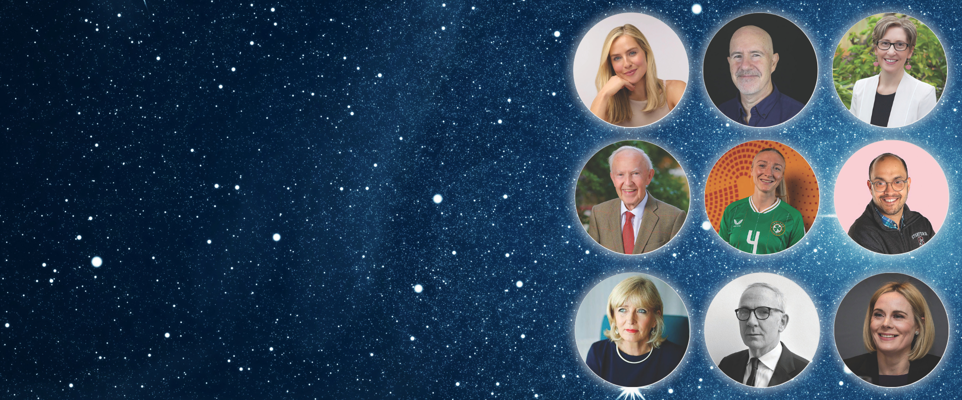 Collage of nine UCD Alumni Awards 2025 Winners over a starry night background.